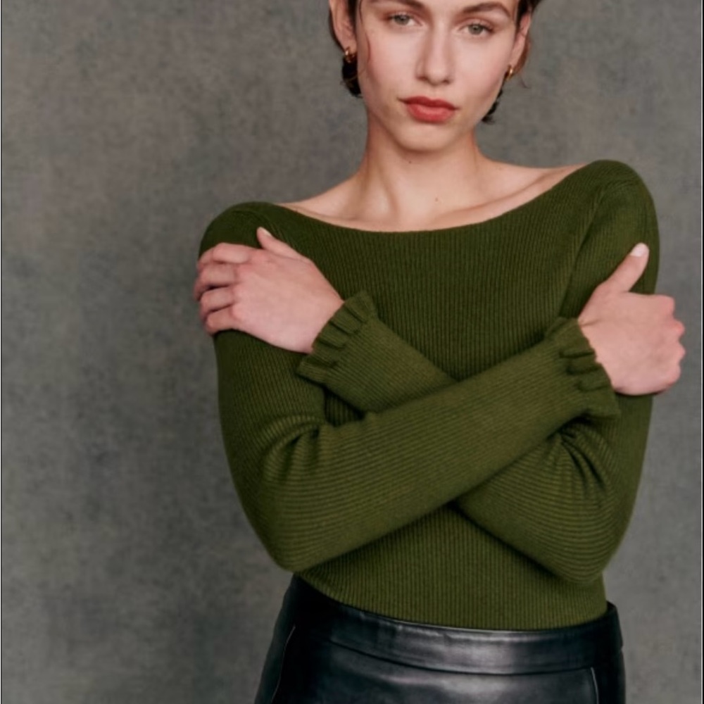 Sezane Olive Off-the-Shoulder Sweater